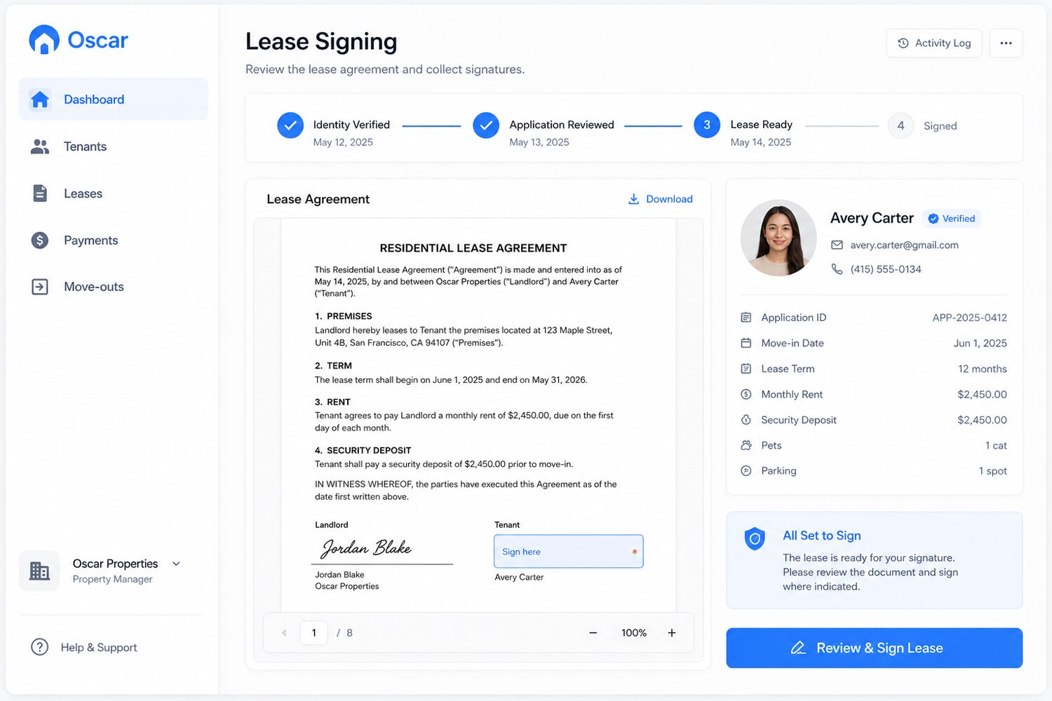 Oscar dashboard showing lease signing and tenant onboarding